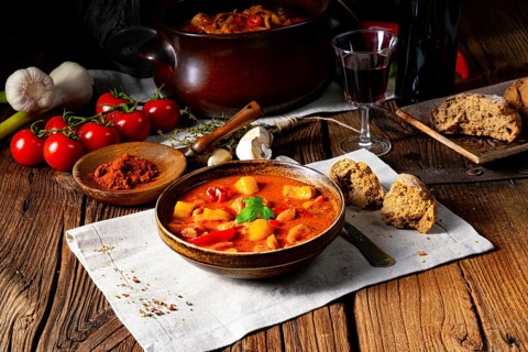 Rustic Hungarian goulash soup with paprika