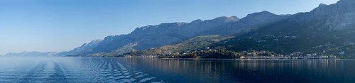 Mountain range by the sea in the morning light, panoramic shot, Makarska Riviera, near Makarska,