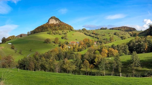 Wisner Flueh in autumn with colourful trees, first Jura chain, Wisen, Solothurn, Switzerland,