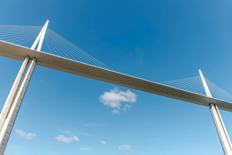 Millau viaduct, cable-stayed bridge over Tarn valley. The highest road bridge in the world. A75