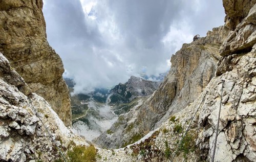Adventurous hike up to mount Lagazuoi in the Dolomite Alps, autonomous pronvince of South Tirol in