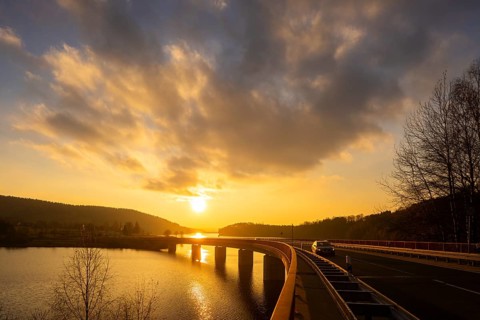 Sunset at the Rauschenbach dam. Rauschenbach, Saxony, Germany, Europe