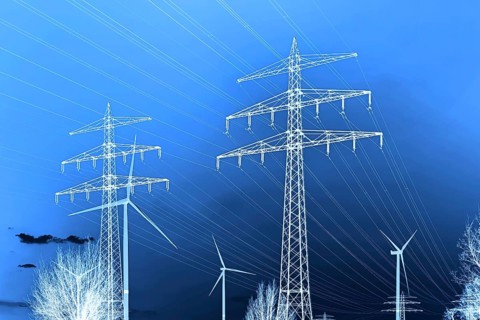 Wind turbines and electricity pylons in Bergedorf, Hamburg, Germany, photomontage, Europe