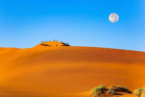 The huge moon is visible low above the horizon. Huge scenic red and orange sand dunes. Namibia.