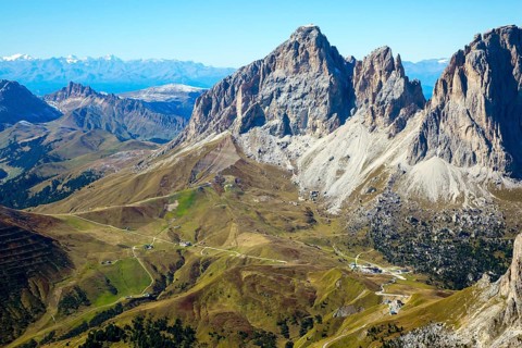 The Dolomites. The Pordoi Pass is part of the Dolomiti Superski ski resort. Alpine road of South