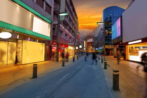 Andorra la Vella commercial area sunset street in Pyrenees