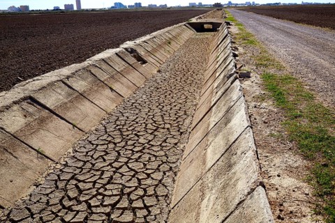 Dried irrigation ditch clay soil in Albufera rice fields of Valencia