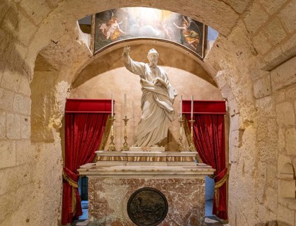Rabat, Malta, 22 December, 2023: statue in the underground St. Paul's Grotto in the historic city