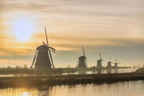 Dutch Windmill sunrise landscape at Kinderdijk Village Netherlands