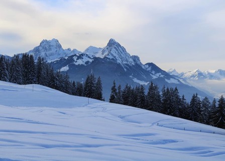 Winter evening in the Saanenland Valley, Switzerland, Europe