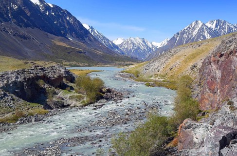 Mountain landscape with river in Altay, Russia, Europe