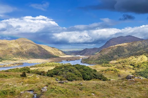 Landscape from Ladies View is a scenic viewpoint on the Ring of Kerry tourist route. Ireland