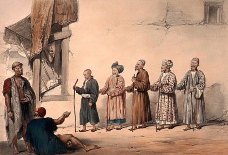 A 'kuttar' or line of blind beggars in a row, two other men in discussion, Kabul, Afghanistan.