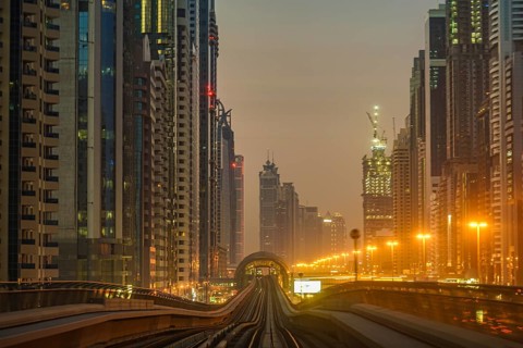 Dubai sunrise landscape (from the United Arab Emirates Dubai Metro). Shooting Location: Dubai