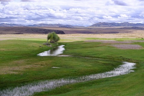Mongolian landscape with mountain steppe and river. Western Mongolia