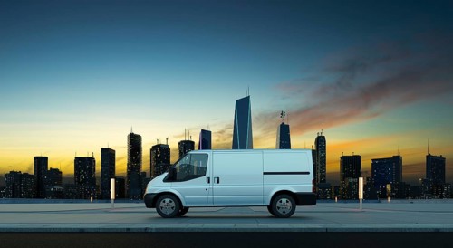 Delivery van park on a city roadside at sunrise in front of a modern cityscape. 3d illustration