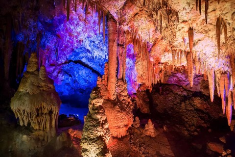 Venetsa Cave in Bulgaria. Beautiful colorful and illuminated cave full with semiprecious onyx