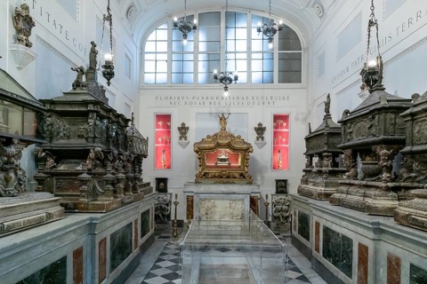 Palermo, Italy, 13 January, 2024: sarcophagi and urns in a side chapel in the Palermo Cathedral,