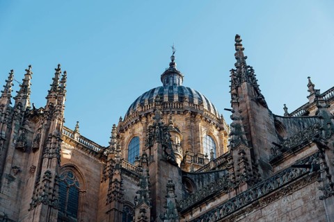 View of the roofs and dome of the Old Cathedral of Salamanca a blue sky day. Castilla y Leon,
