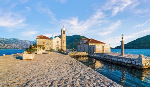 Church of Our Lady on island near Perast at sunset, Montenegro, Europe
