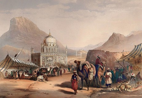 Open-air market outside the temple of Shah Ahmed, Kandahar, Afghanistan. Coloured lithograph by R.