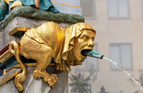 Close-up of the beautiful fountain with its many ornate details