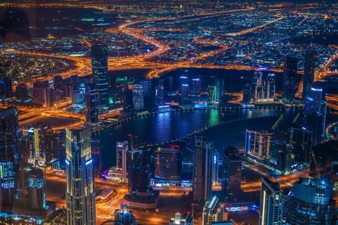 Dubai night view seen from the observation deck of Burj Khalifa. Shooting Location: Dubai