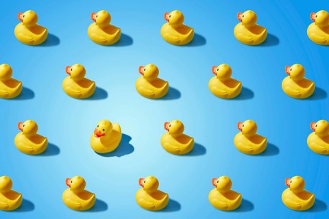 Fashion minimalistic concept of a yellow rubber duck pattern flat lay. Not like everyone else, goes