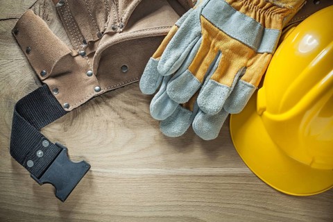 Leather tool belt protective gloves hard hat top view