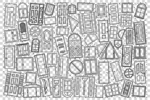 Windows and doors doodle set. Collection of and drawn sketches templates patterns of different size