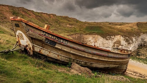 Flamborough, East Riding of Yorkshire, England, UK, September 14, 2018: An old fishing boat on the