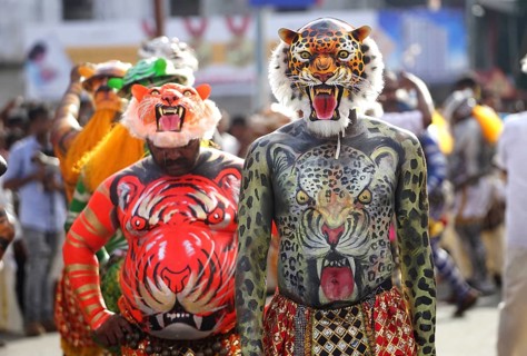 Trained dancers with their carefully painted bodies guise of tigers perform the famous Pulikali