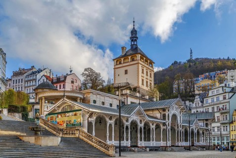 Castle Tower and Market Colonnade in the historical center of Karlovy Vary, Czech republic