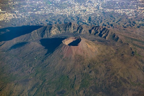 Italy volcano Vesuvius seen from above. Mount Vesuvius is a somma-stratovolcano located on the Gulf