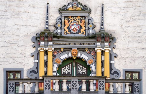 Coat of arms at Weser-Renaissance portal, Hannoversch Münden, Lower Saxony, Germany, Europe
