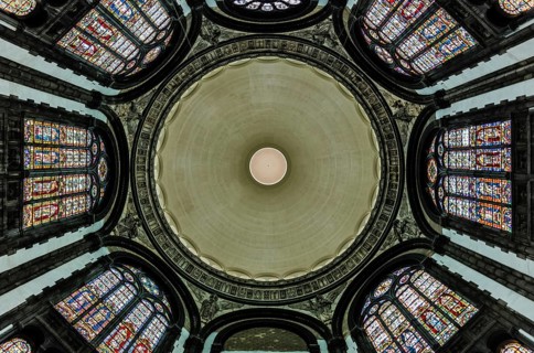 Schaerbeek, Brussels/ Belgium, 08 14 2018: Ceiling and decorated walls of the Saint Mary Royal