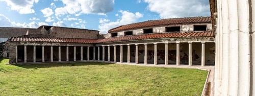 OPLONTIS, ITALY, MAY 03, 2022, Garden and colonnade of the ancient Roman Villa Oplontis near
