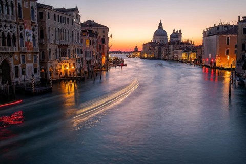 Morning atmosphere in front of sunrise, view of the Grand Canal from the Ponte dell' Accademia,