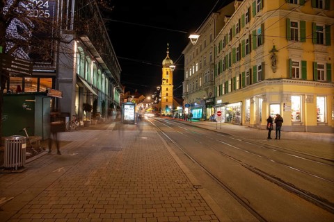 Illuminated church tower of the Franciscan Church, night shot, Graz, Styria, Austria, Europe