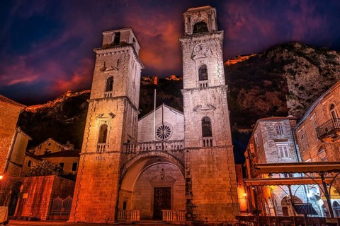 Dramatic sky over Saint Tryphon Cathedral in Kotor, Montenegro, Europe
