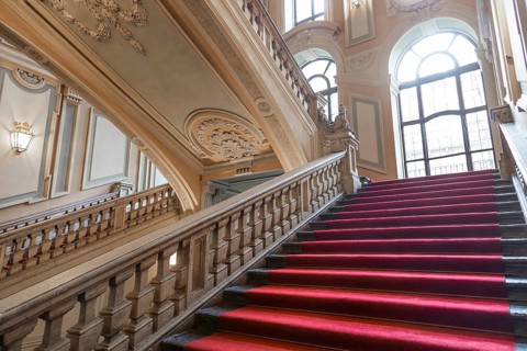 Turin, Italy, January 2023: Palazzo Barolo staircase. Luxury palace with old baroque interior and