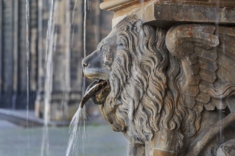 Lion statue and fountain on the square near Cologne cathedral, Germany, Europe