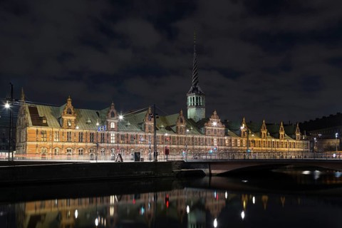 Copenhagen, Denmark, March 22, 2016: The Copenhagen stock exchange building by night, Europe