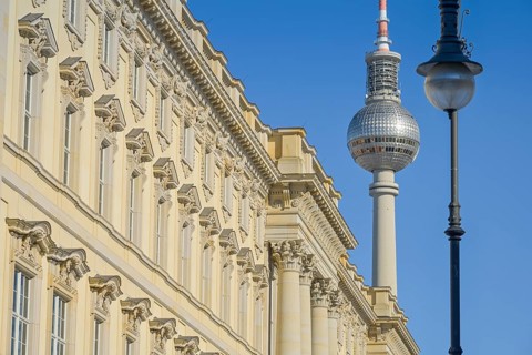South façade Humboldt Forum, TV tower, Schlossplatz, Mitte, Berlin, Germany, Europe