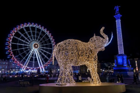 Schlossplatz decorated for Christmas in the evening, with illuminated figure of an elephant and in