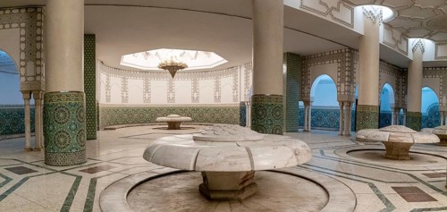 Casablanca, Morocco, 29 March, 2024: marble-carved lotus flower spring fountains in the underground