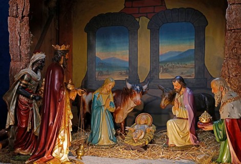 Christmas cot, Holy Family, Three Wise Men, Parish Church of St Peter and Paul, Dieburg, Hesse,