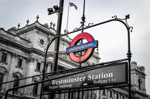 London, UK, August 18, 2015: London underground sign of Westminster station. The London Underground