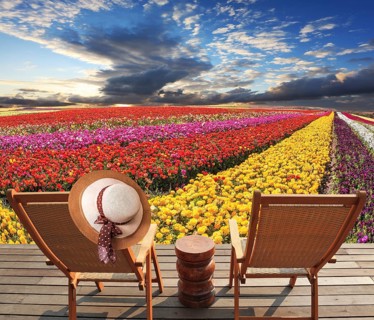 Two deck chairs on the platform are at the colorful flower fields. At one hanging elegant straw hat