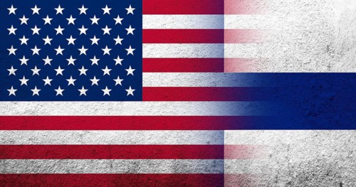 United States of America (USA) national flag with National flag of Finland . Grunge background